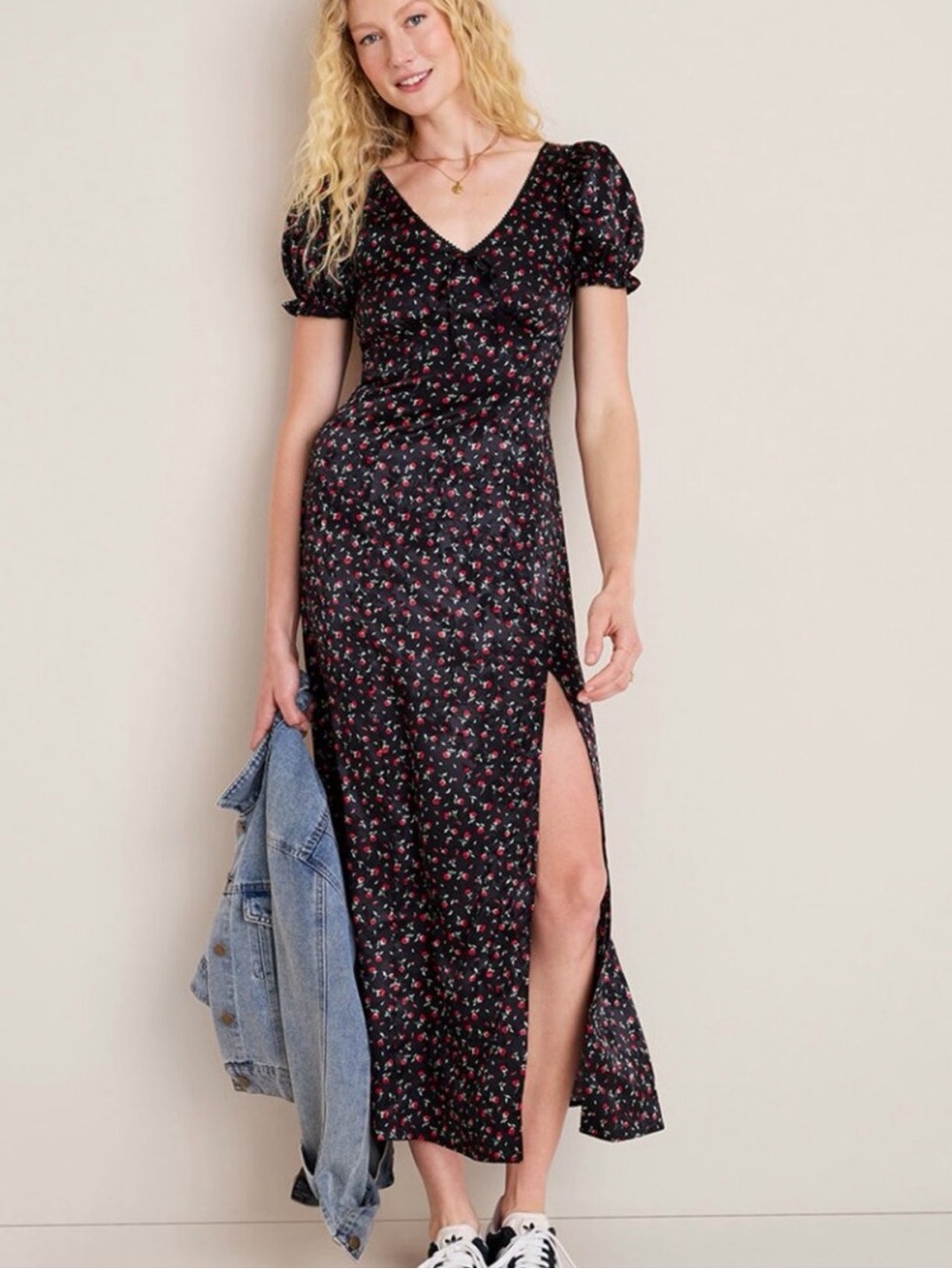 Francesca's Collections Black Maxi Dress with Red & Pink Floral Print